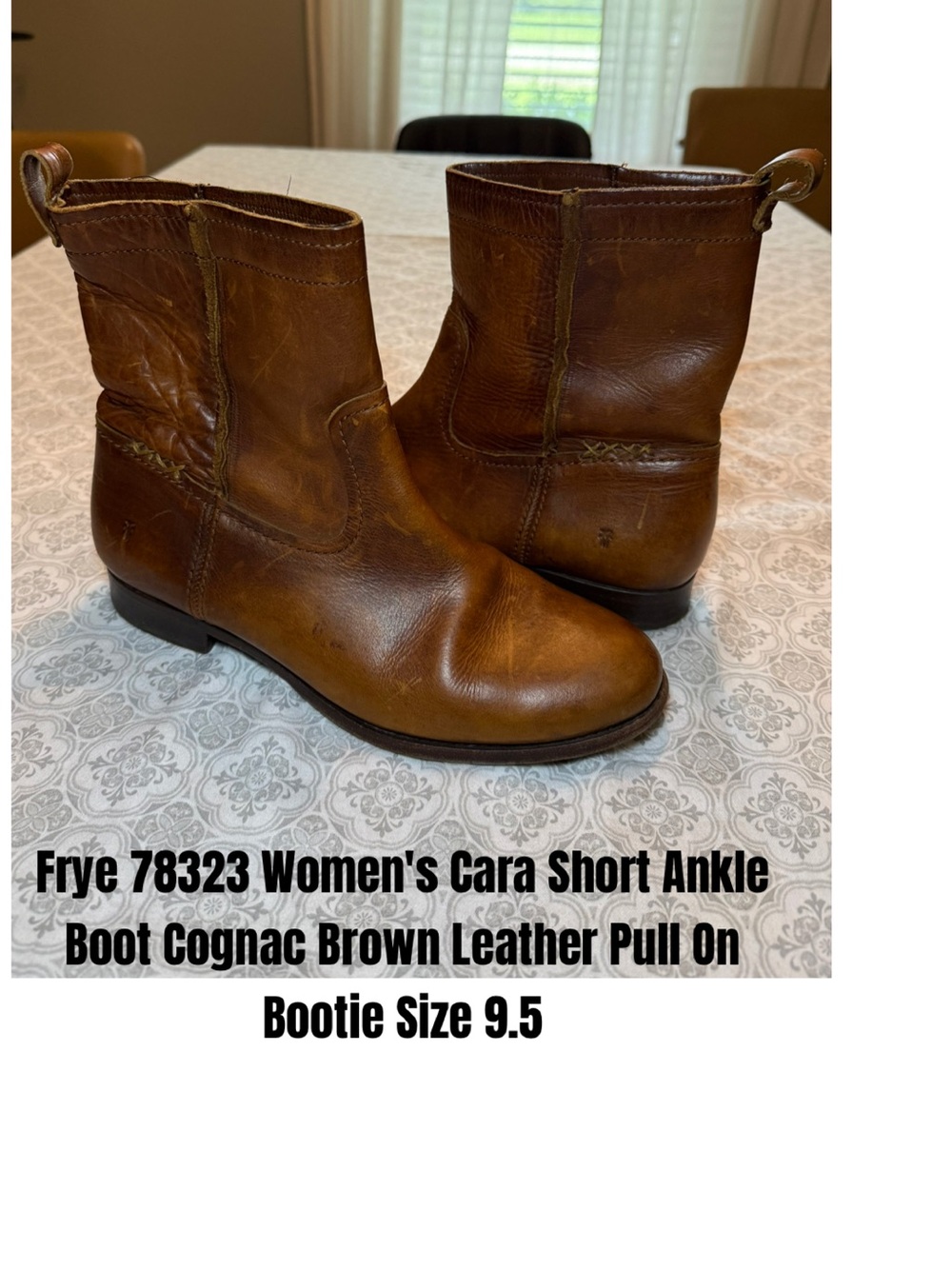 Frye 78323 Women's Cara Short Ankle Boot Cognac Brown Leather Pull On Bootie 9.5